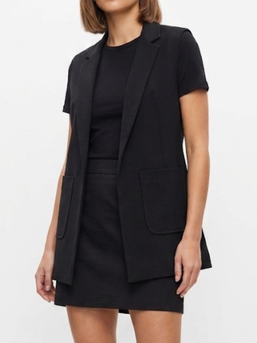 Simons Twik Black Sleeveless Longline Blazer Vest Patch Pockets Size Medium